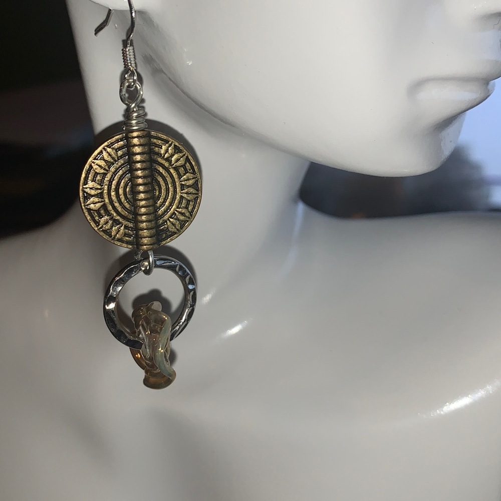 Golden coin beads, silver tone rings with glass discs sterling earrings